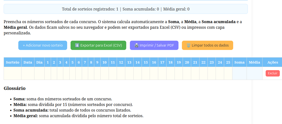Imagem ilustrativa da interface da página Lotofácil mostrando tabela e botões.