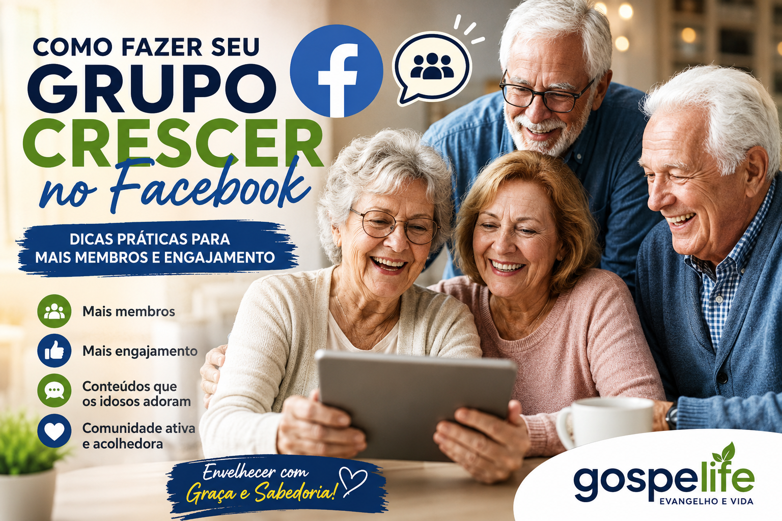 Grupo da terceira idade aprendendo como crescer no Facebook